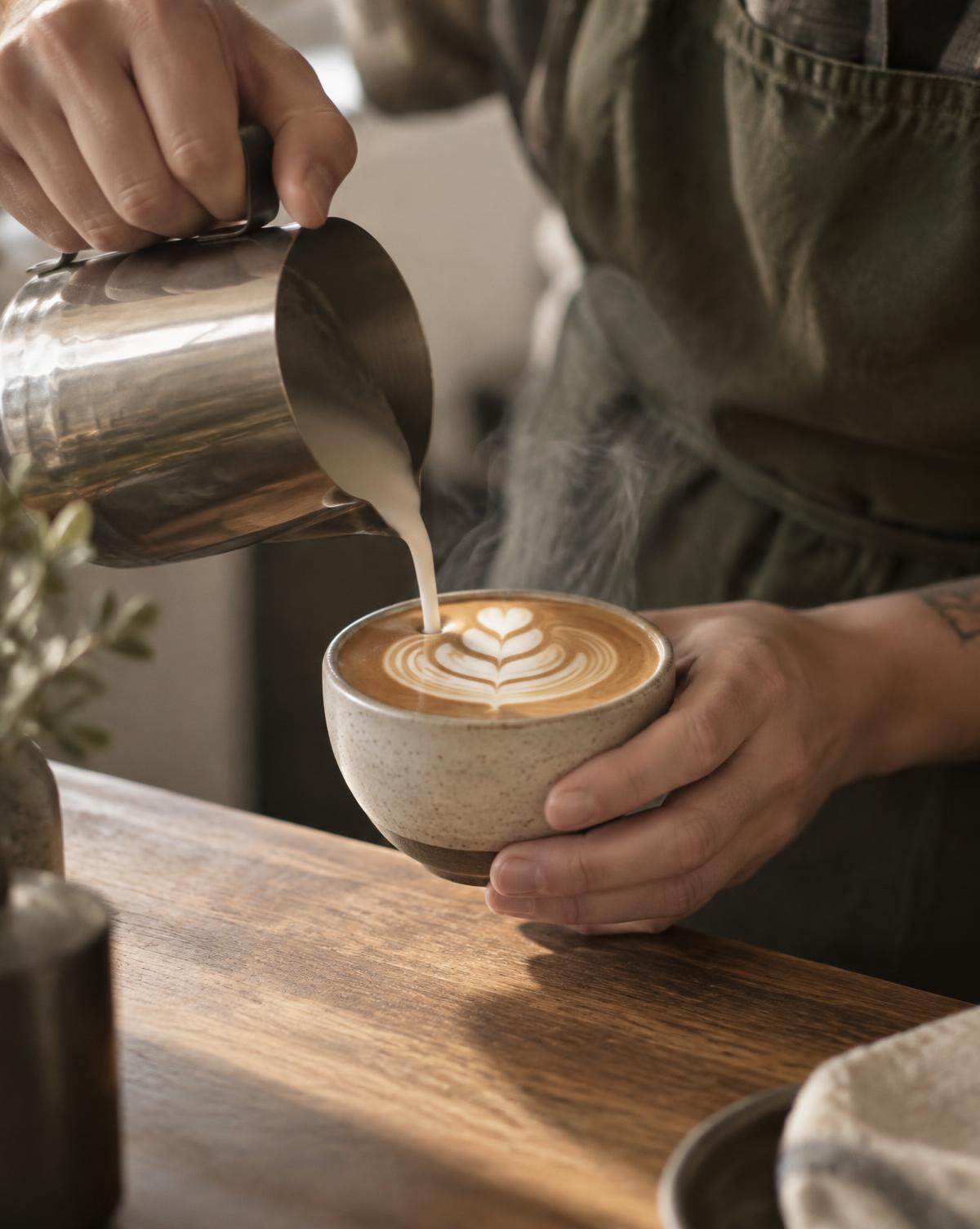 Barista gießt Latte Art in eine Porzellantasse