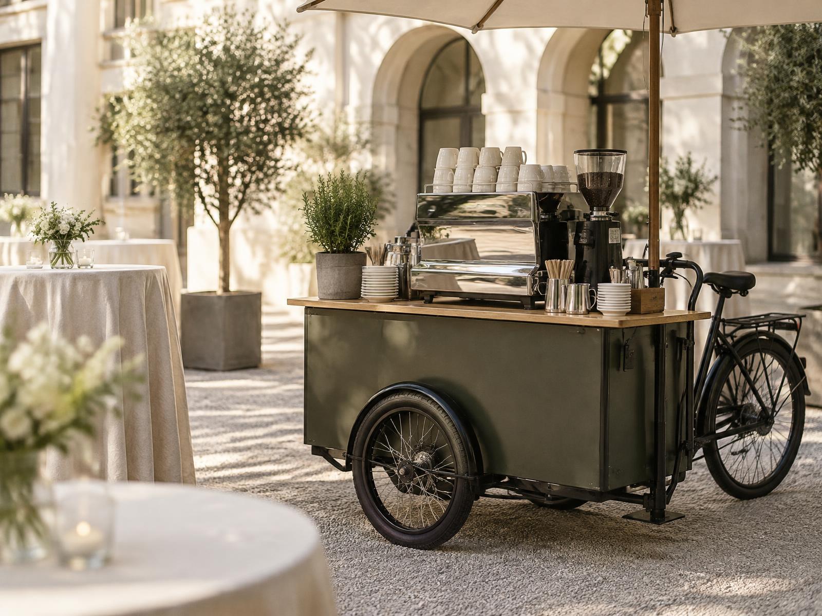 Das Kaffeekreuzer Coffee Bike mit Espressomaschine und Porzellantassen auf einem Event in München